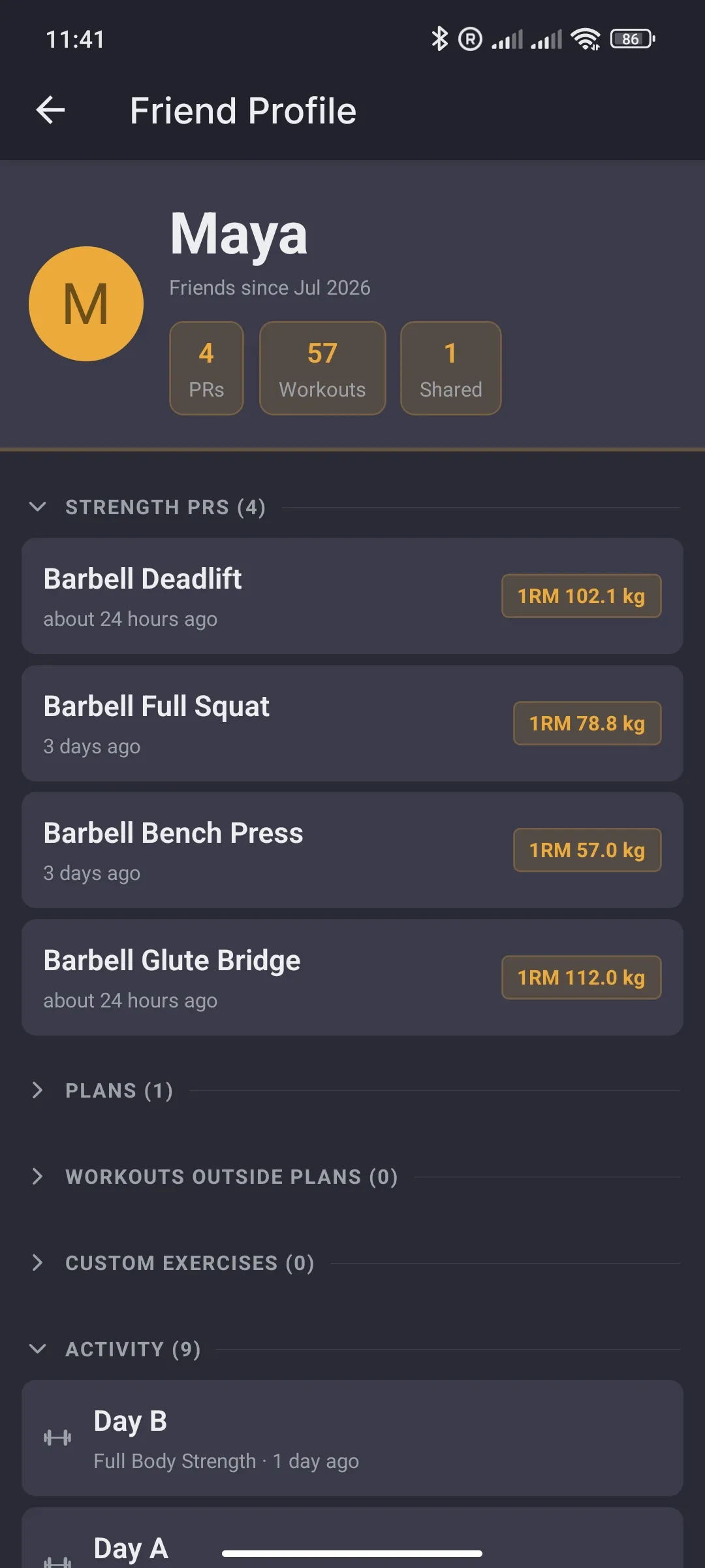 A friend's profile with their strength PRs and recent activity