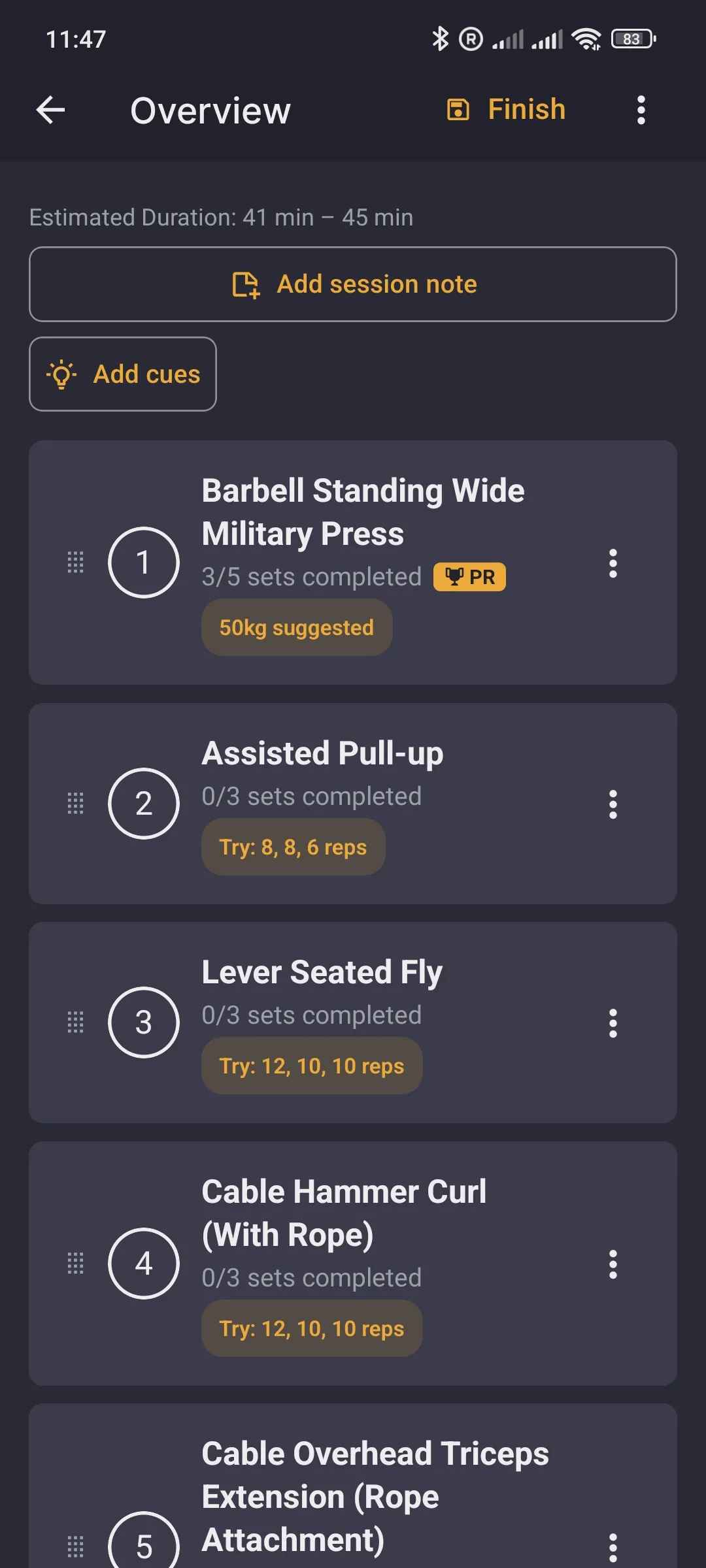 Workout overview with a new PR on the military press and suggested reps for the next exercises